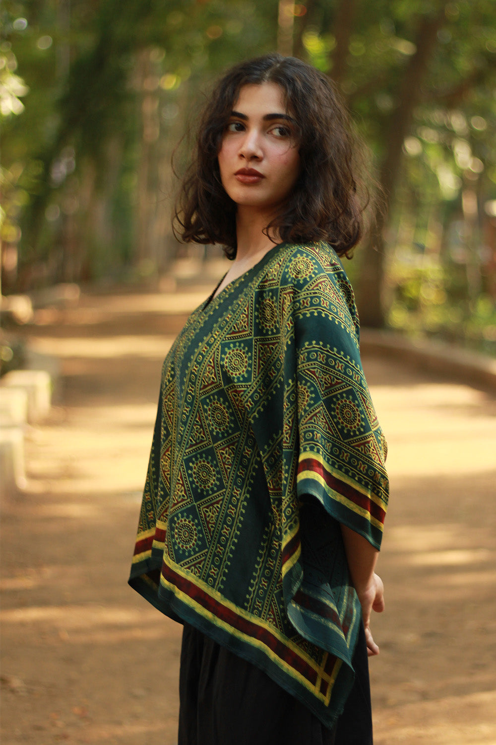 Taarini Mini | Modal Silk Kaftan Top | Green Geometric Ajrakh