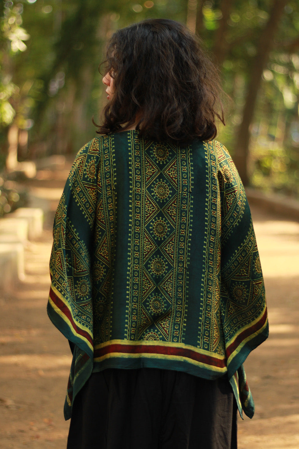 Taarini Mini | Modal Silk Kaftan Top | Green Geometric Ajrakh