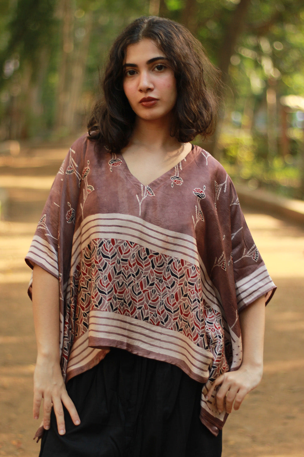 Taarini Mini | Modal Silk Kaftan Top | Cassis Leaves Ajrakh