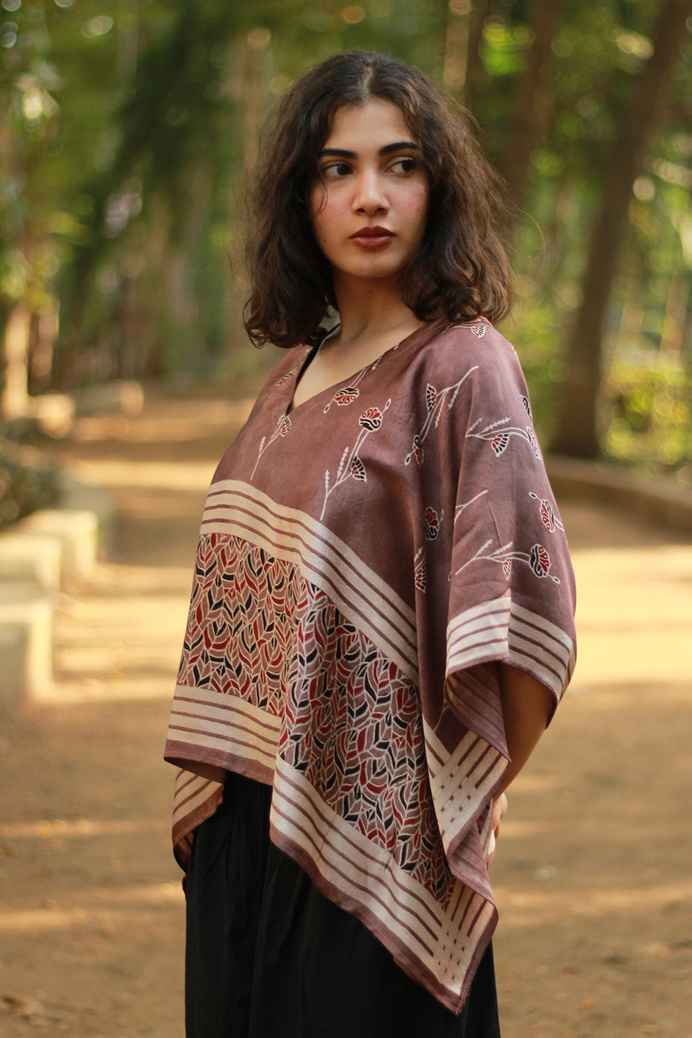 Taarini Mini | Modal Silk Kaftan Top | Cassis Leaves Ajrakh