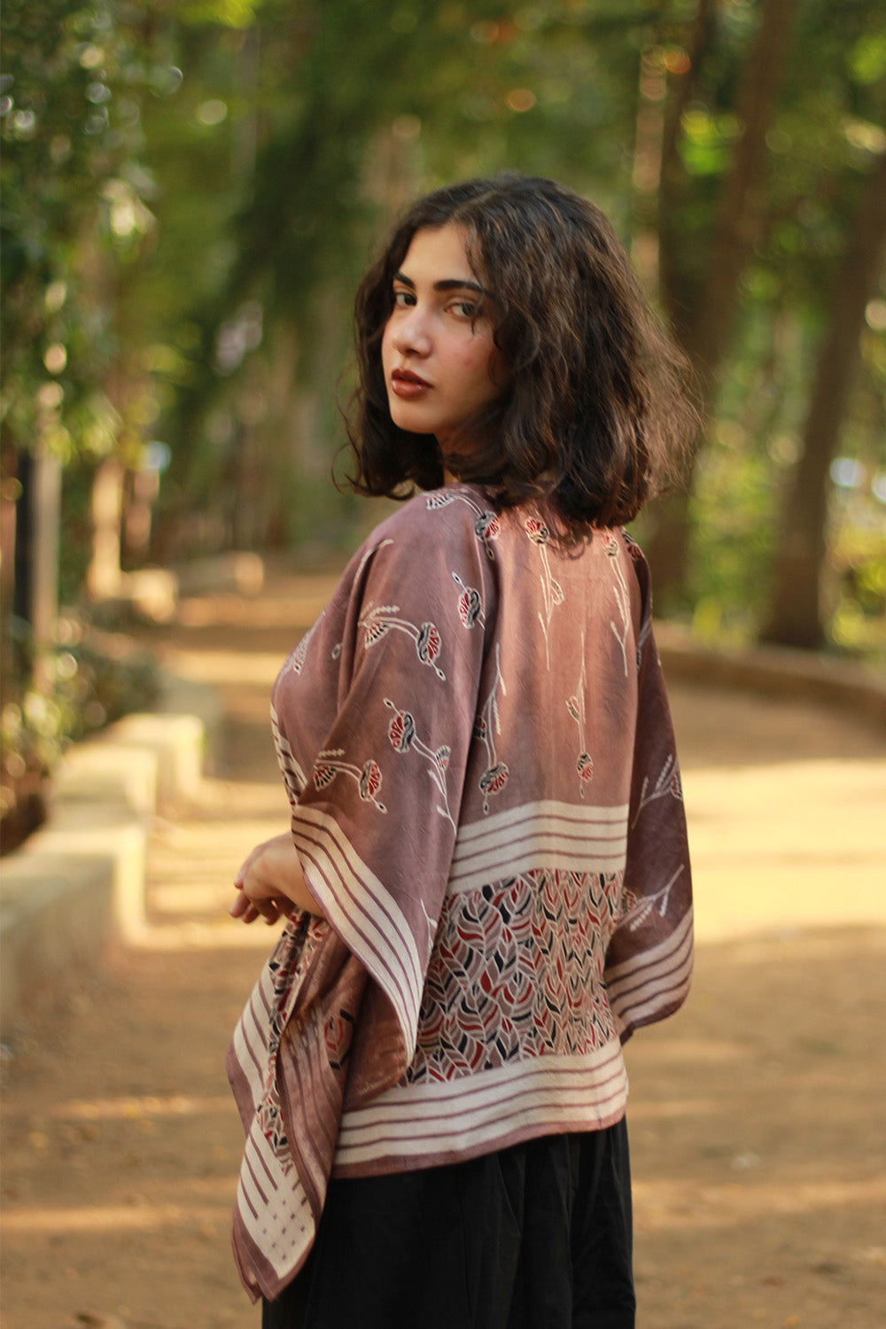 Taarini Mini | Modal Silk Kaftan Top | Cassis Leaves Ajrakh