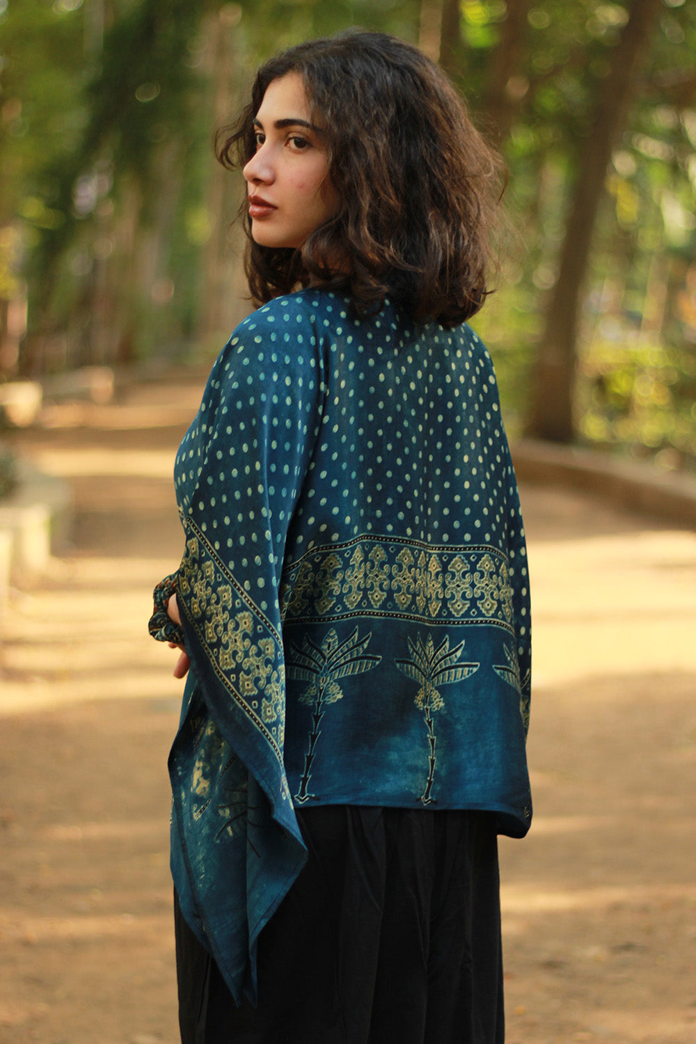 Taarini Mini | Modal Silk Kaftan Top | Sea Green Ajrakh