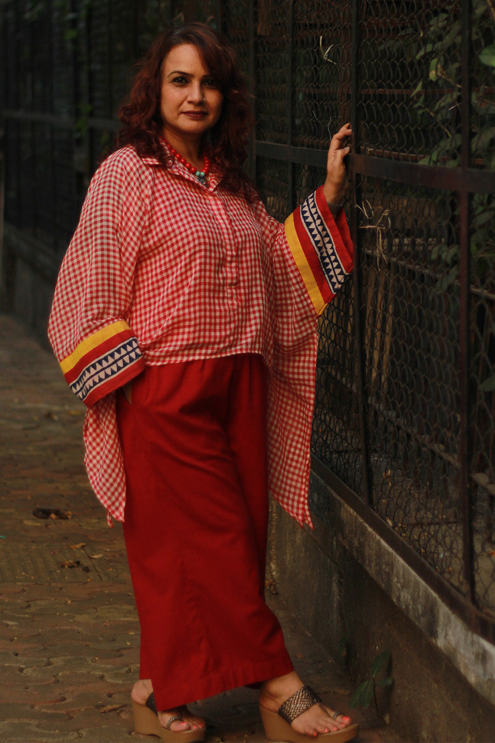Collared Kaftan Top | Mul Cotton | Red & White Checks