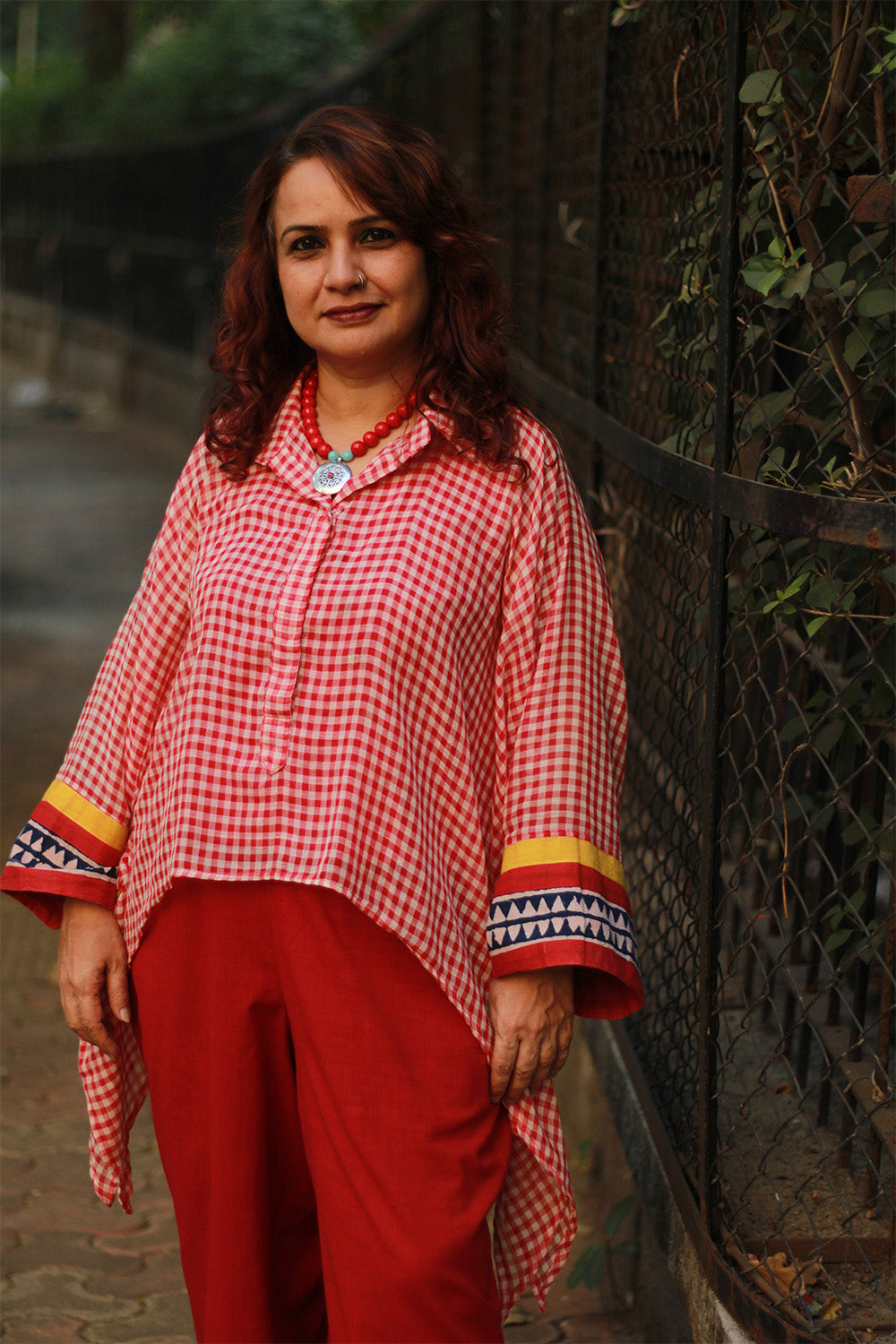 Collared Kaftan Top | Mul Cotton | Red & White Checks
