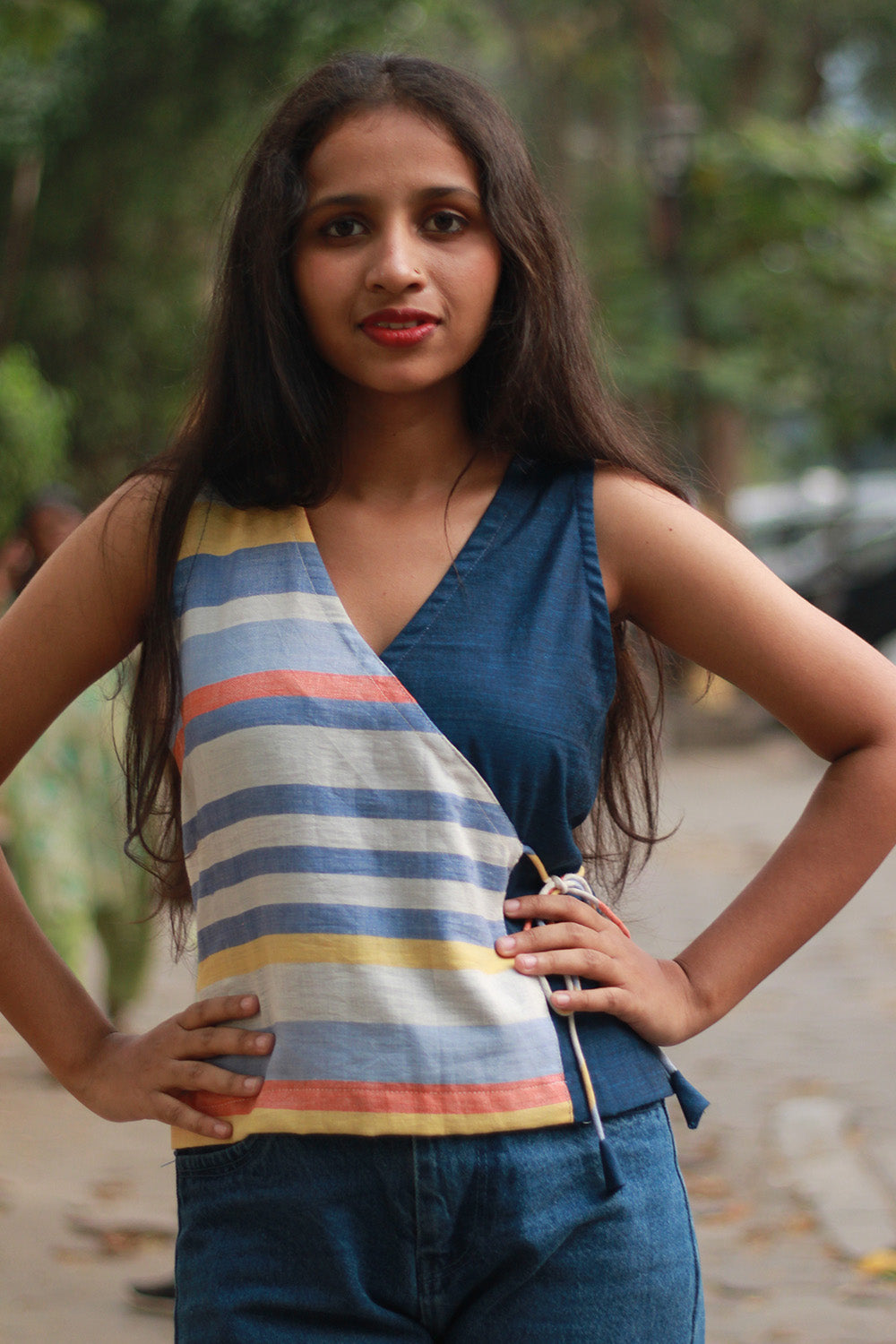 Aabroo | Sleeveless Angarkha Crop Top | Blue with Stripes