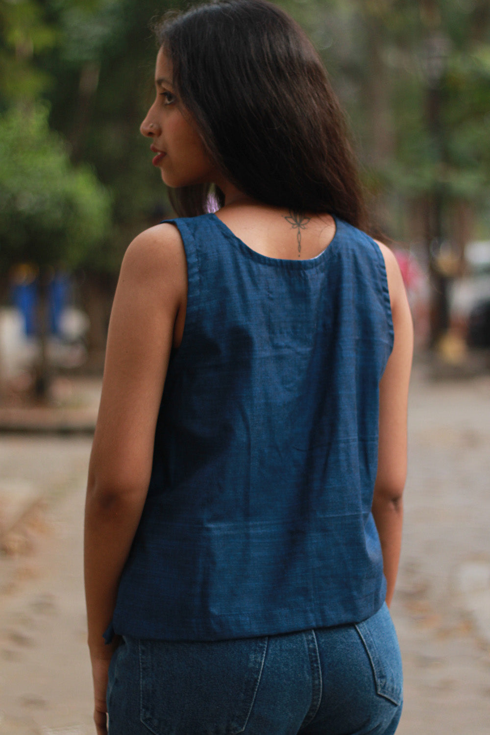 Aabroo | Sleeveless Angarkha Crop Top | Blue with Stripes