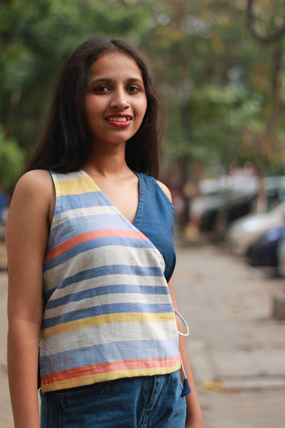 Aabroo | Sleeveless Angarkha Crop Top | Blue with Stripes