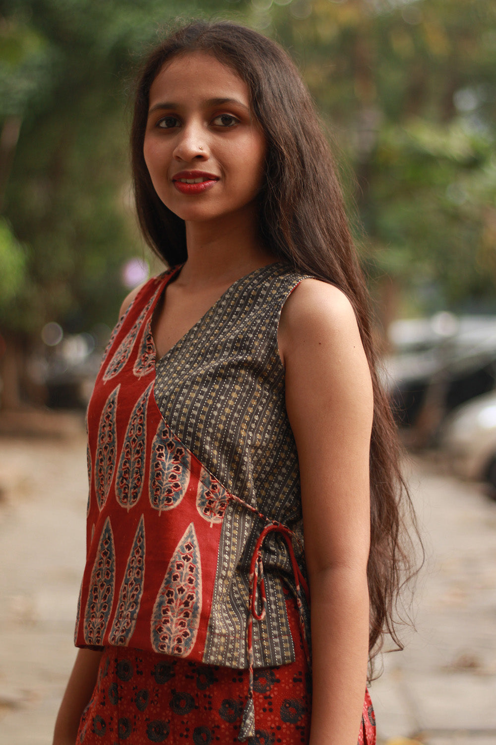 Aabroo | Sleeveless Angarkha Crop Top | Madder Cypress Ajrakh