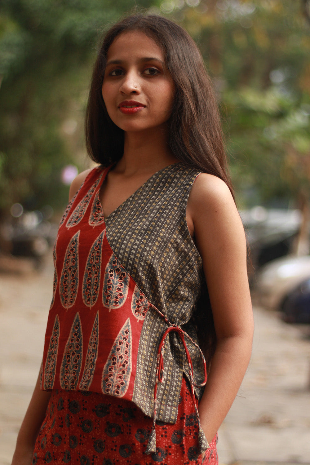 Aabroo | Sleeveless Angarkha Crop Top | Madder Cypress Ajrakh