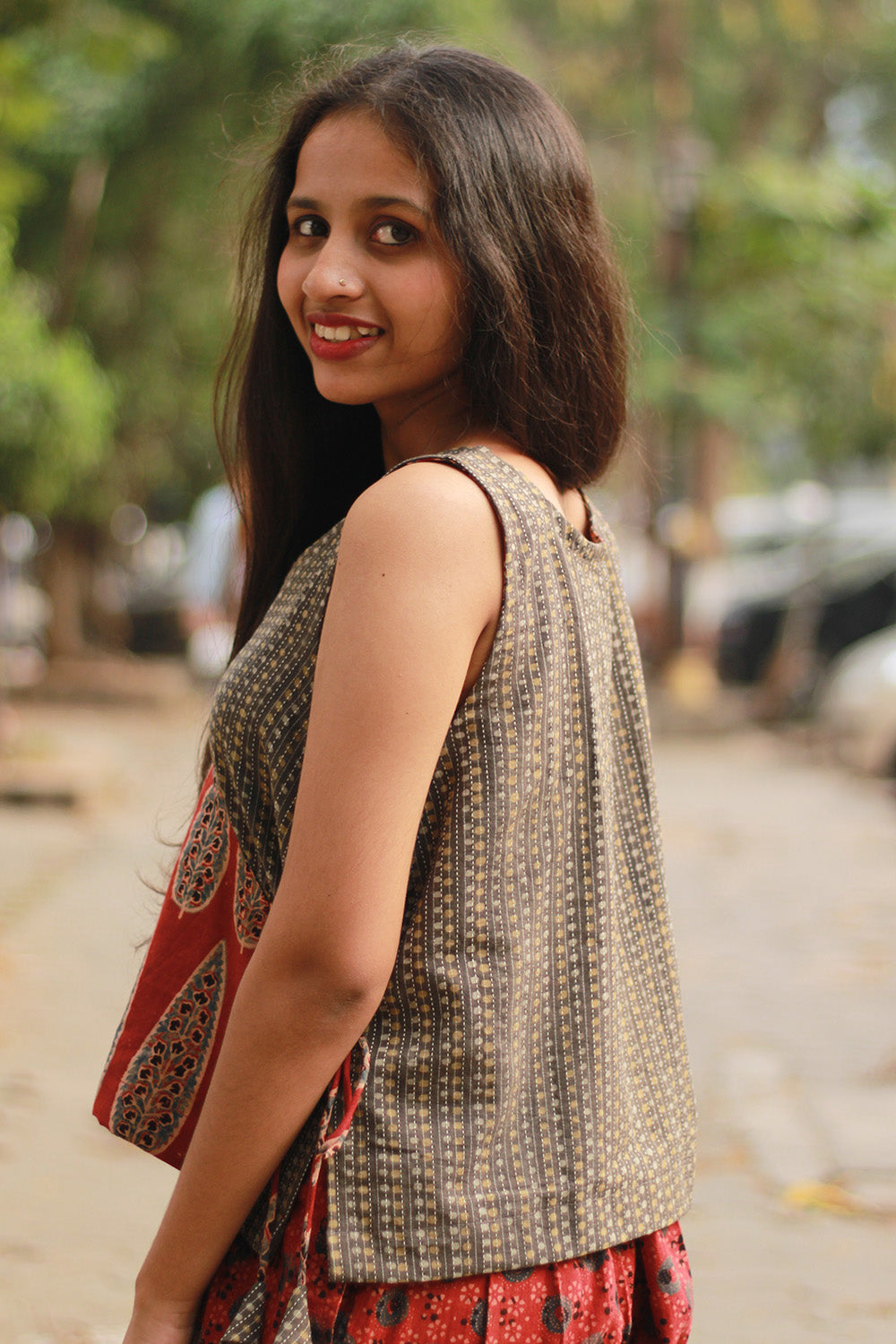 Aabroo | Sleeveless Angarkha Crop Top | Madder Cypress Ajrakh