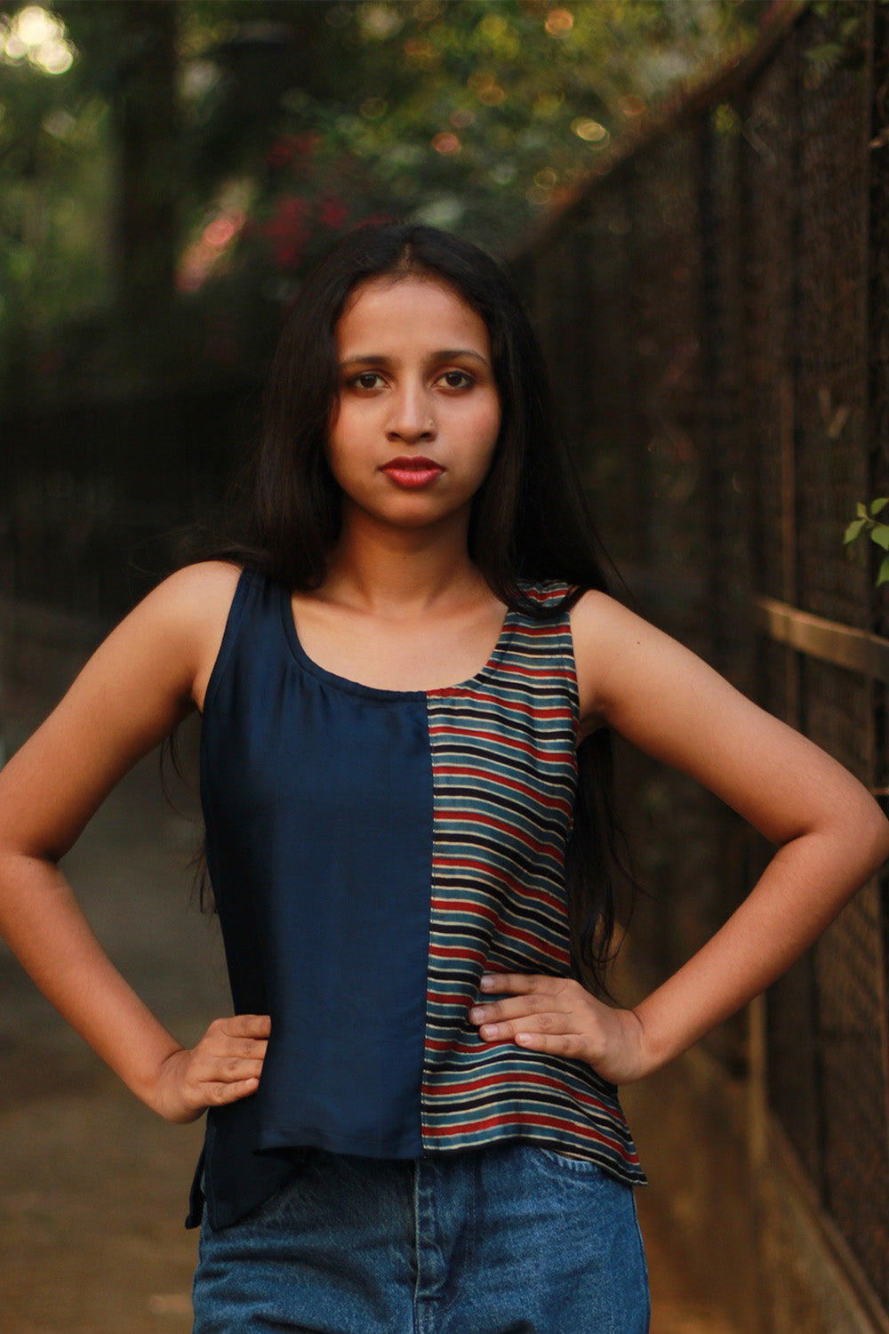 Sleeveless Top | Modal Silk | Blue with Ajrakh Stripes