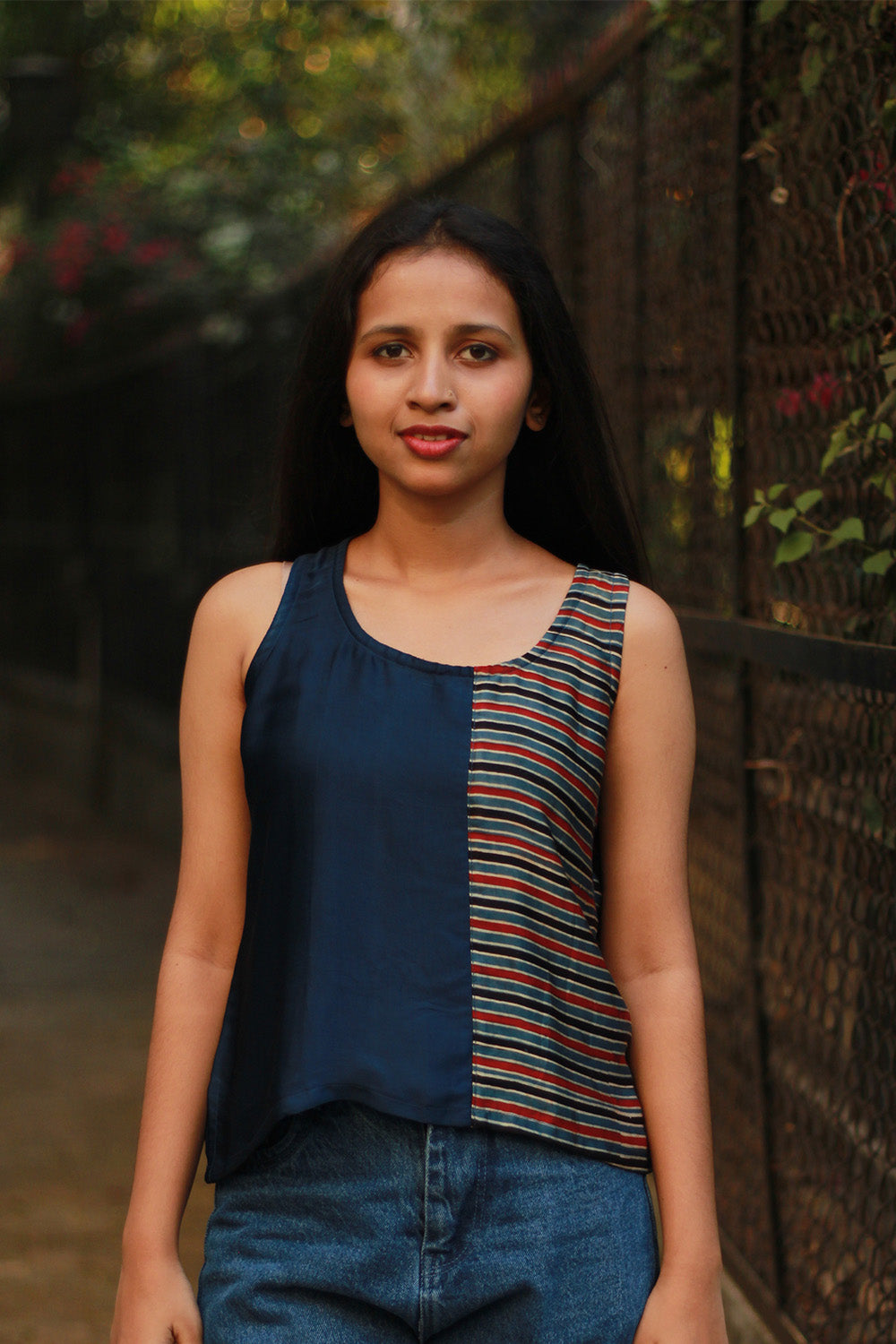 Sleeveless Top | Modal Silk | Blue with Ajrakh Stripes