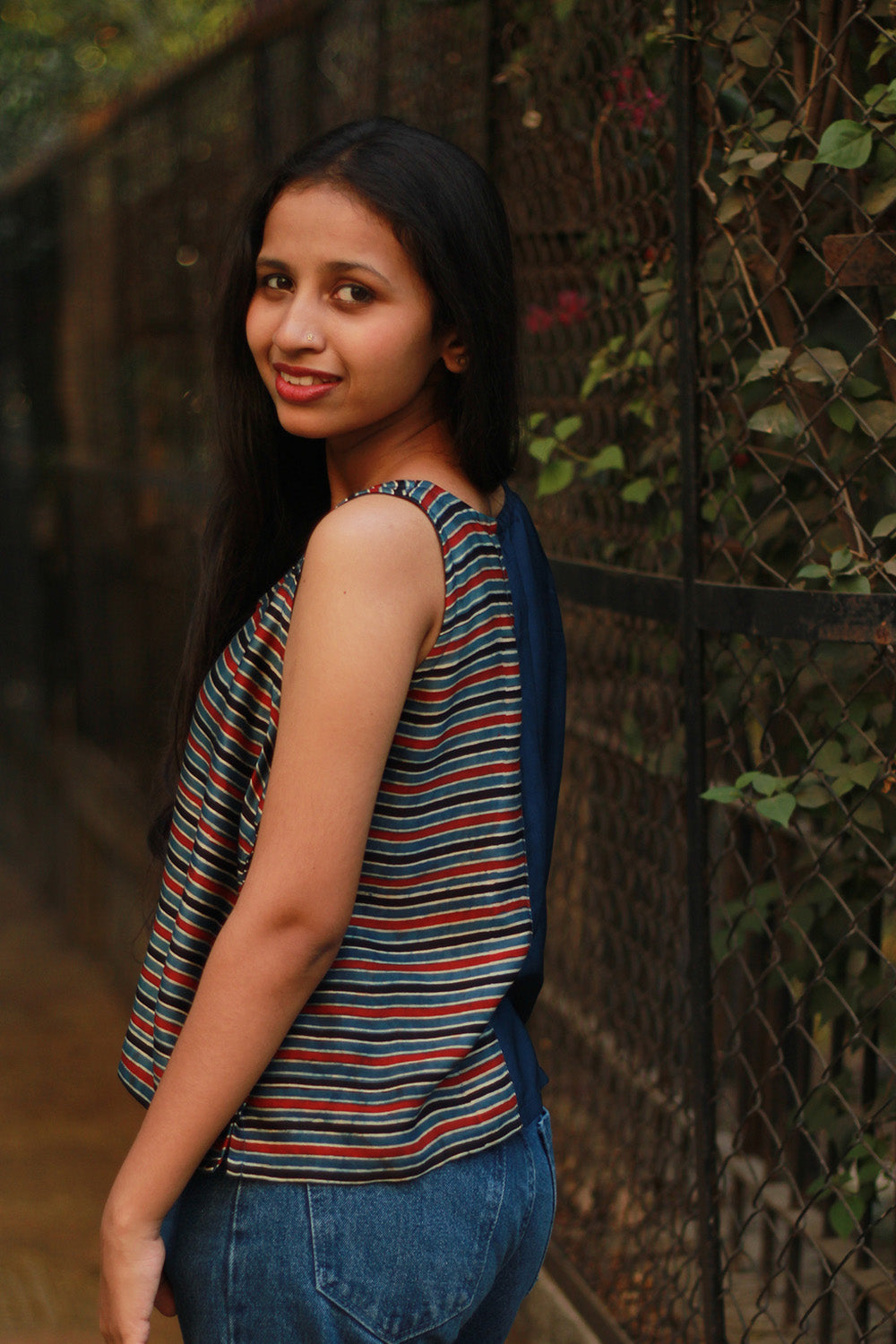 Sleeveless Top | Modal Silk | Blue with Ajrakh Stripes