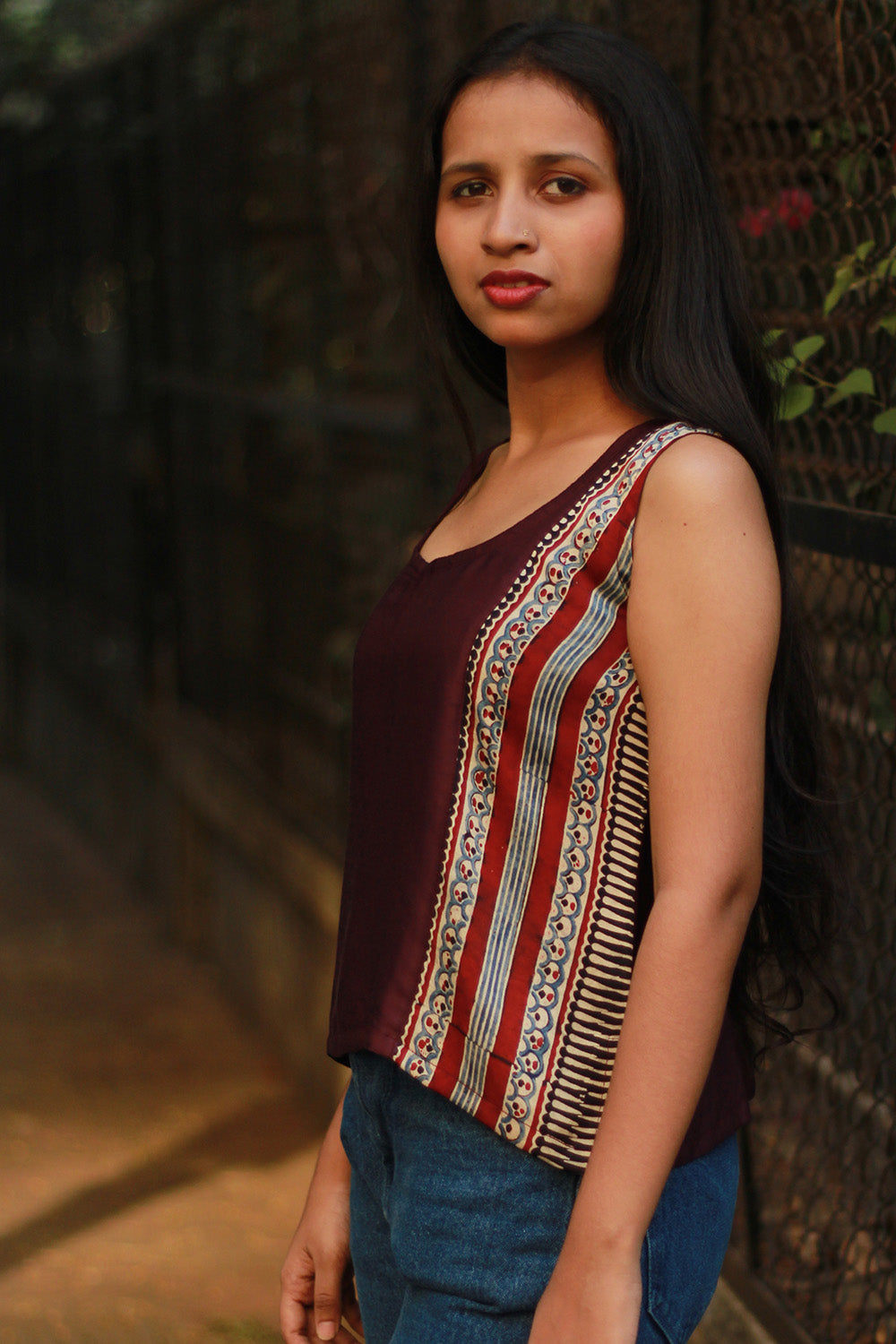 Sleeveless Top | Modal Silk | Wine with Ajrakh Stripes