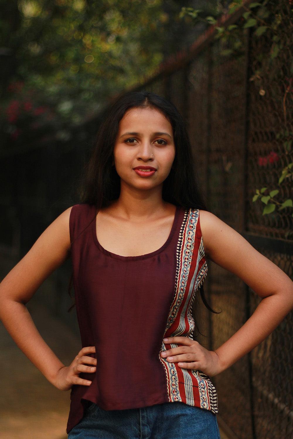 Sleeveless Top | Modal Silk | Wine with Ajrakh Stripes