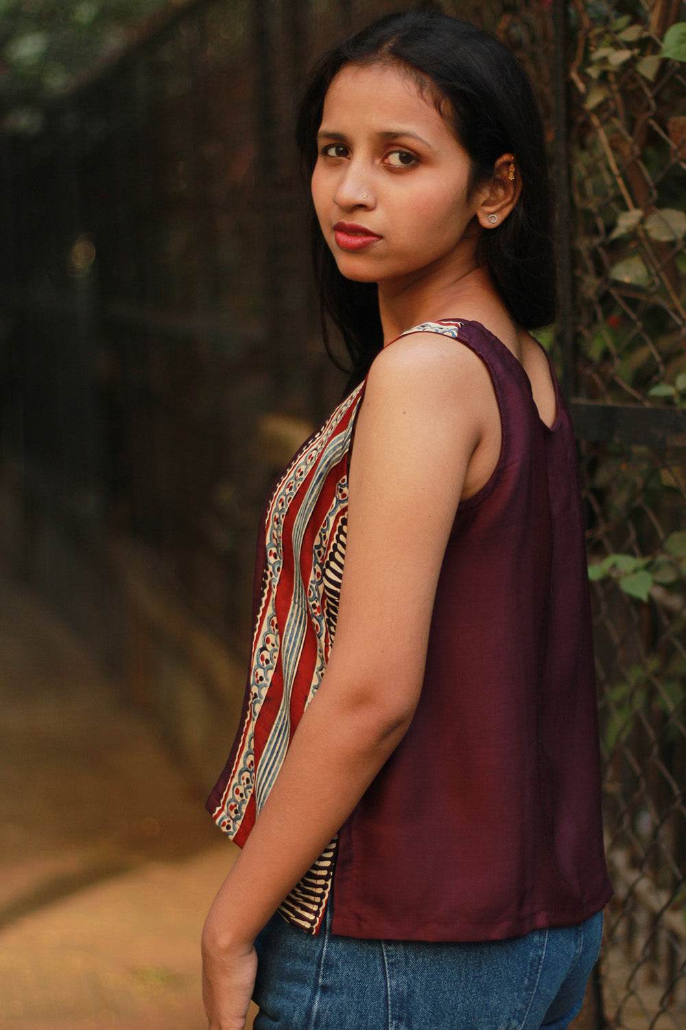 Sleeveless Top | Modal Silk | Wine with Ajrakh Stripes