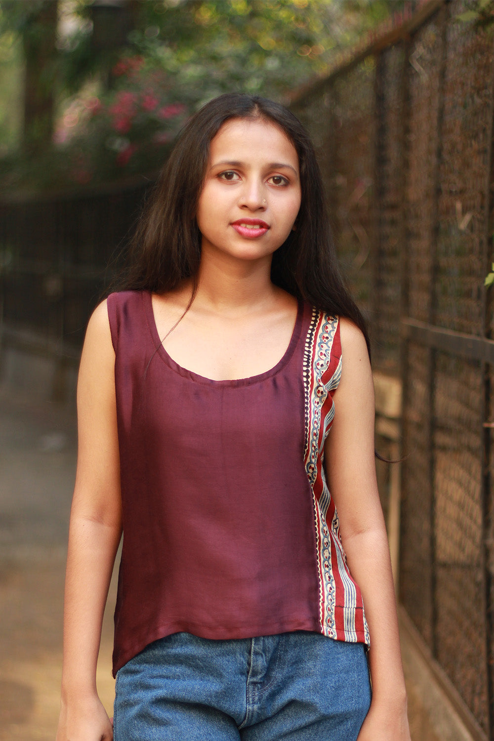 Sleeveless Top | Modal Silk | Wine with Ajrakh Stripes