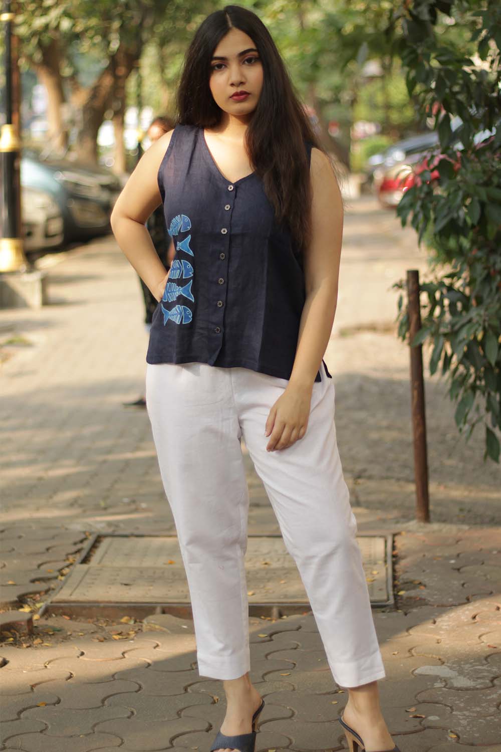 Song of the Sea | Linen Hand Painted Top | Navy