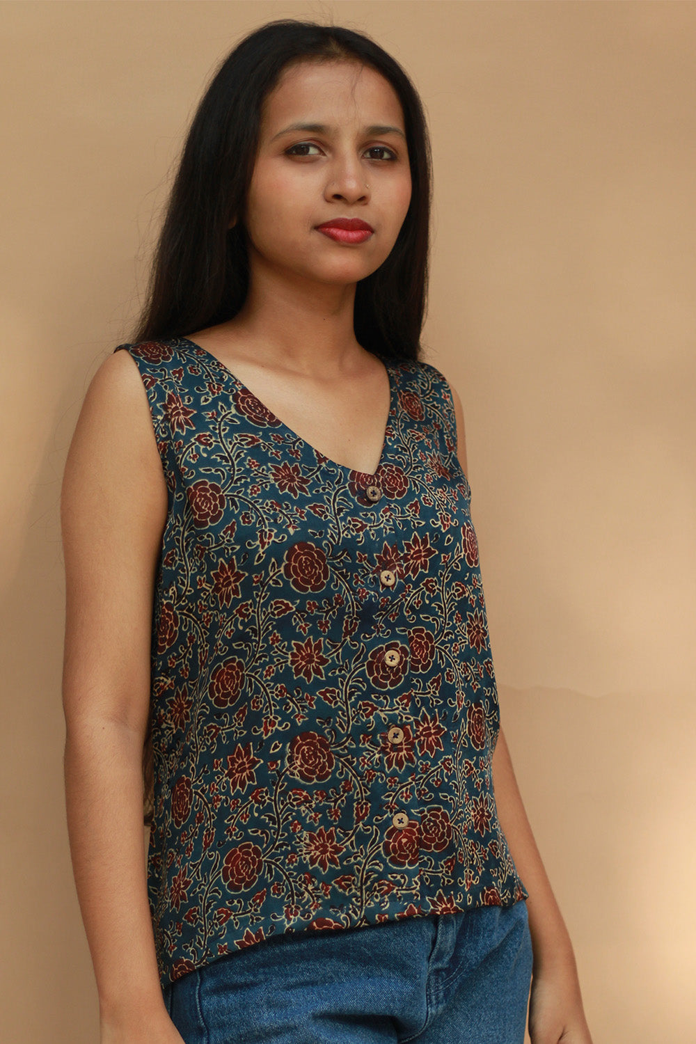 Front Buttoned Vest | Modal Silk | Blue Universe Ajrakh