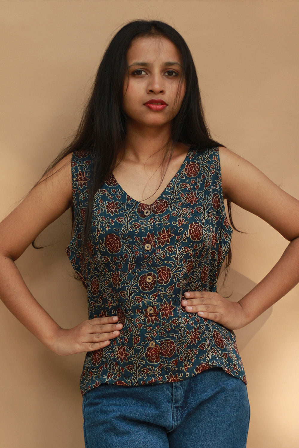 Front Buttoned Vest | Modal Silk | Blue Universe Ajrakh