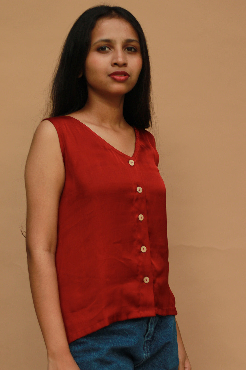 Front Buttoned Vest | Modal Silk | Rouge