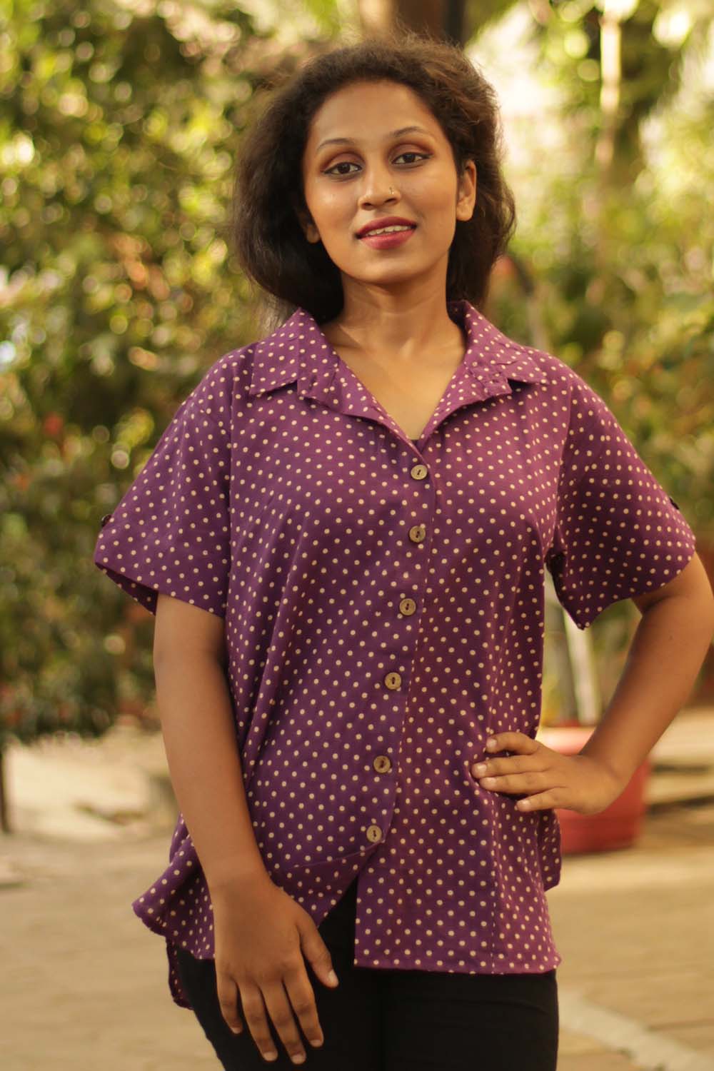 Cotton Shirt in Purple Polka