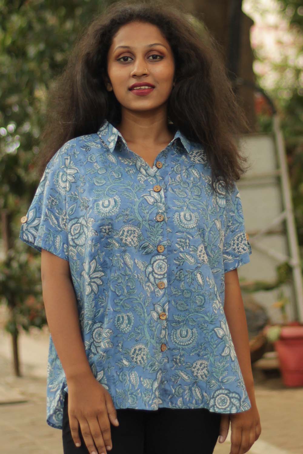 Cotton Shirt in Ocean Blue Sanganeri
