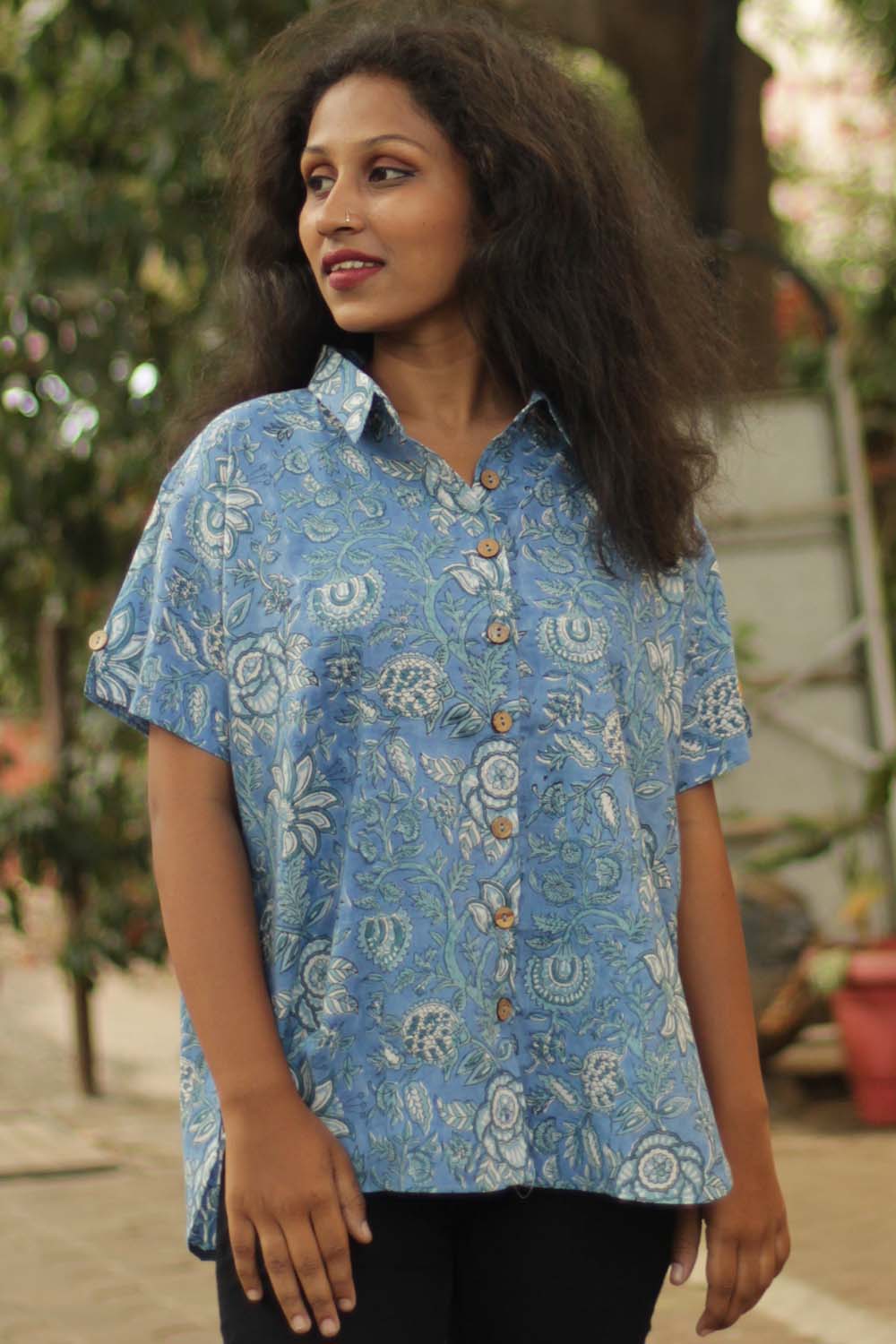 Cotton Shirt in Ocean Blue Sanganeri