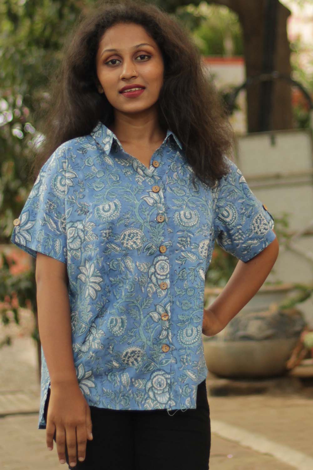 Cotton Shirt in Ocean Blue Sanganeri
