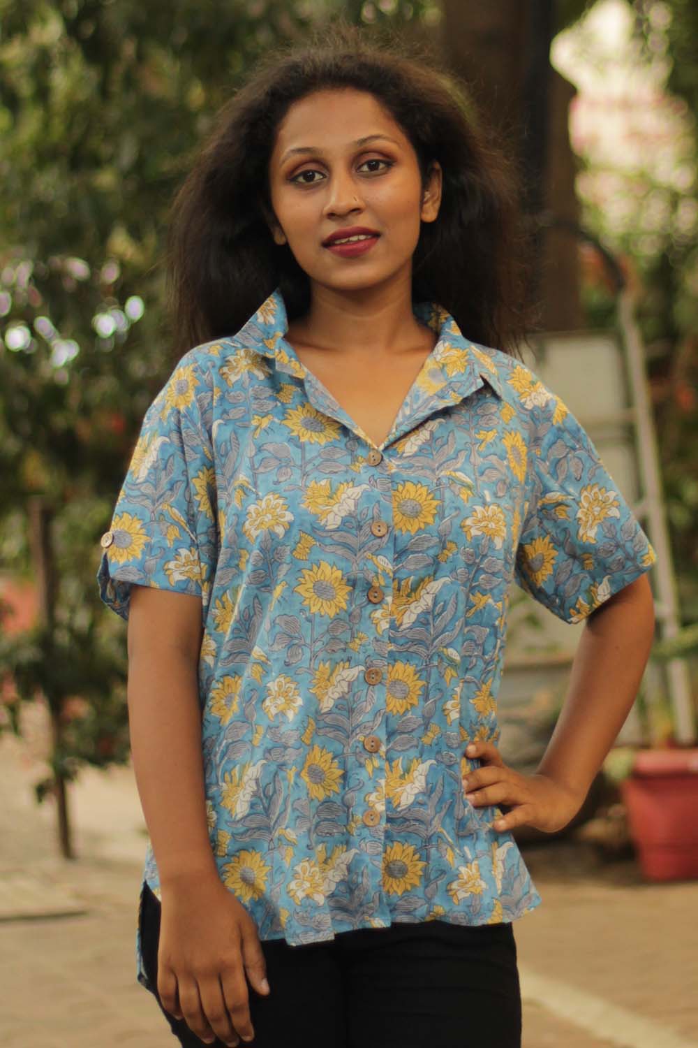 Cotton Shirt in Blue Sunflower Sanganeri