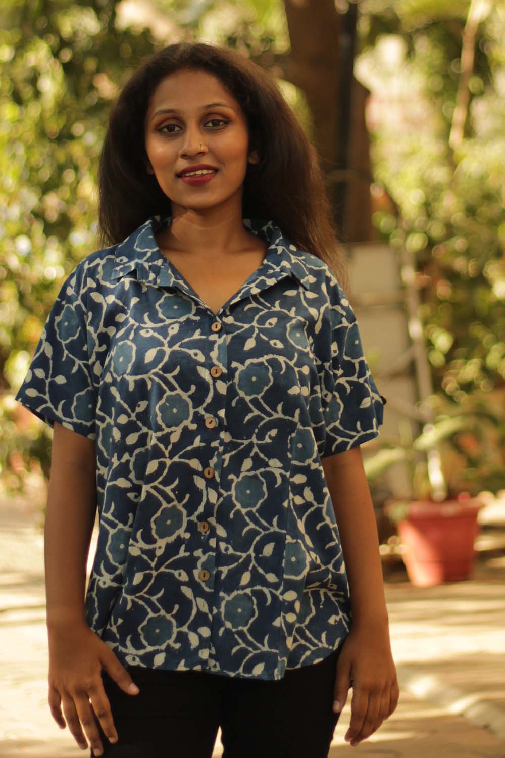 Cotton Shirt in Floral Indigo