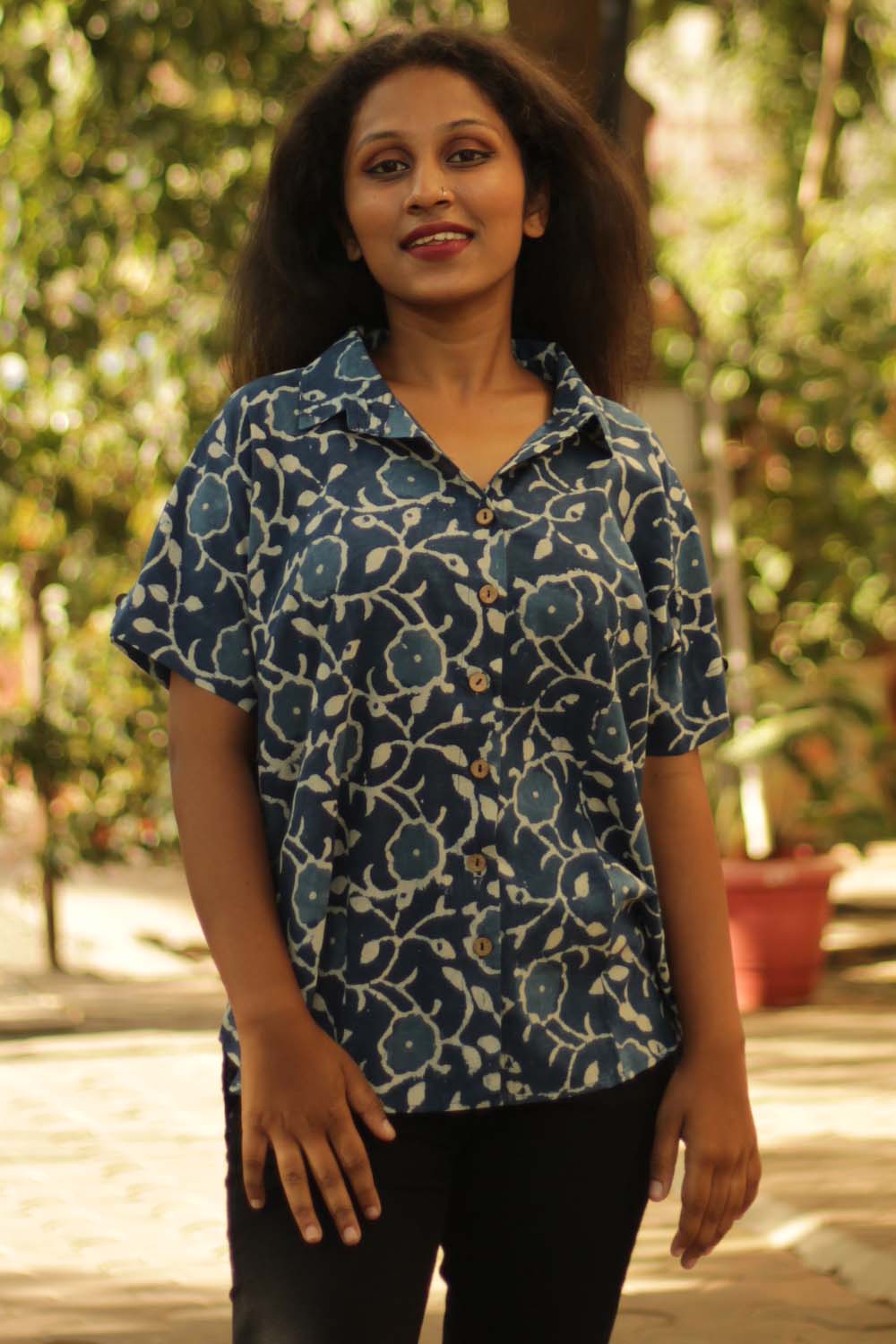 Cotton Shirt in Floral Indigo