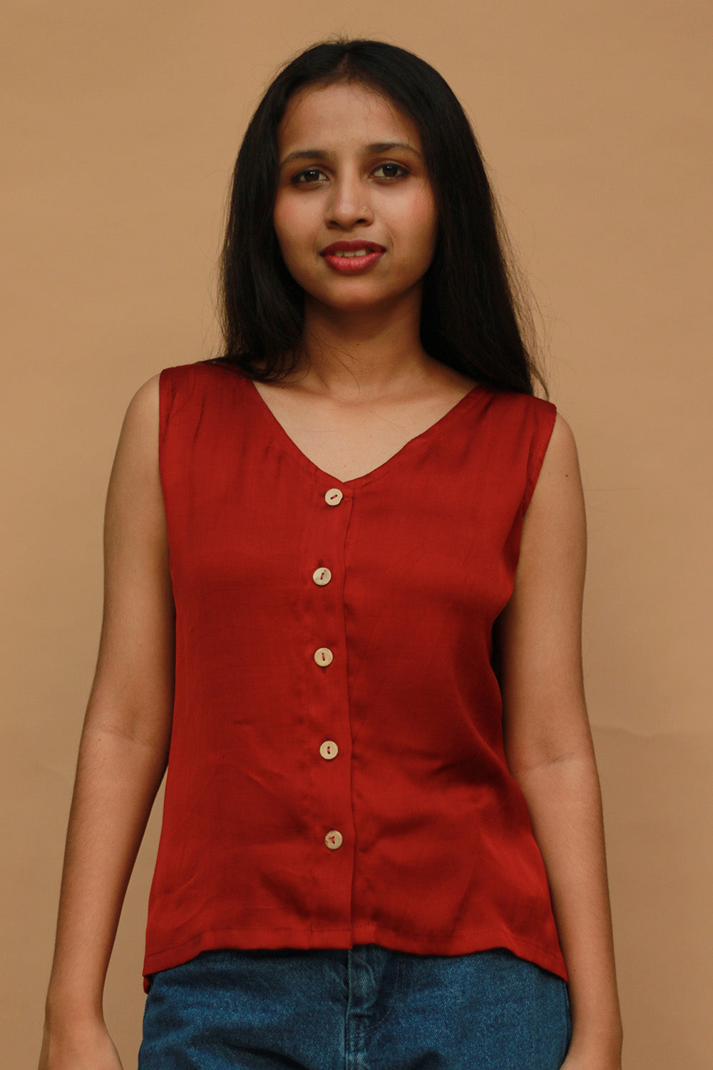 Front Buttoned Vest | Modal Silk | Rouge