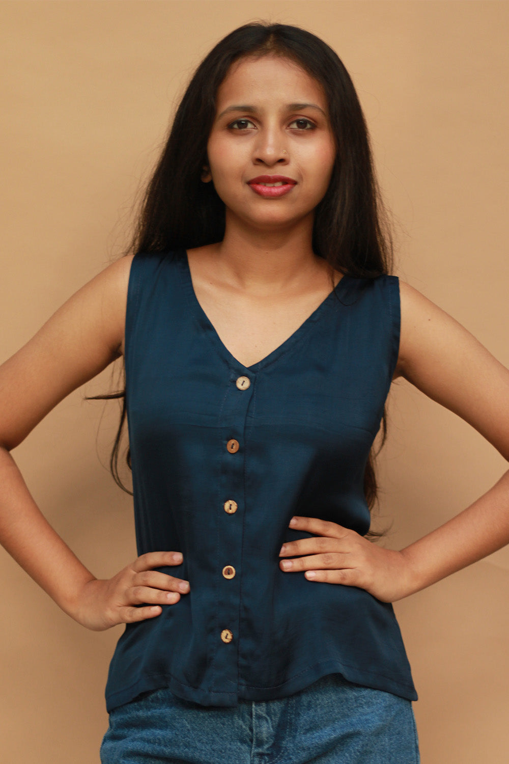 Front Buttoned Vest | Modal Silk | Blue
