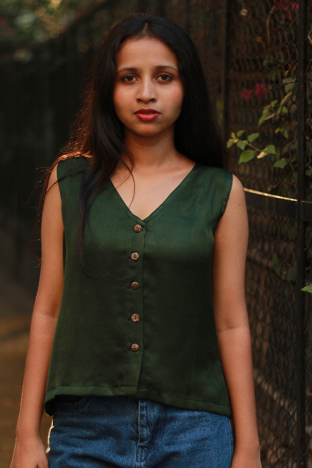 Front Buttoned Vest | Modal Silk | Forest Green
