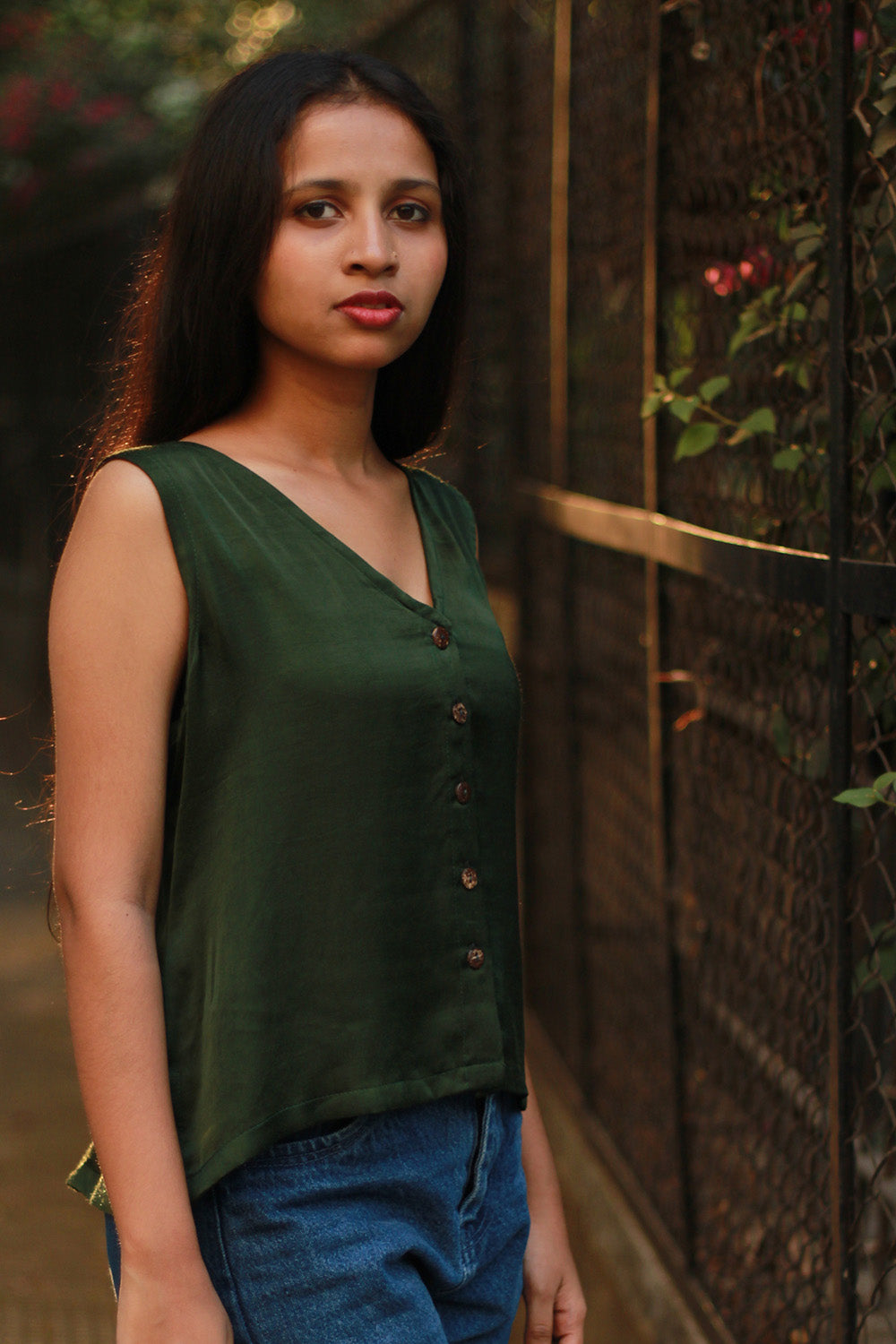 Front Buttoned Vest | Modal Silk | Forest Green