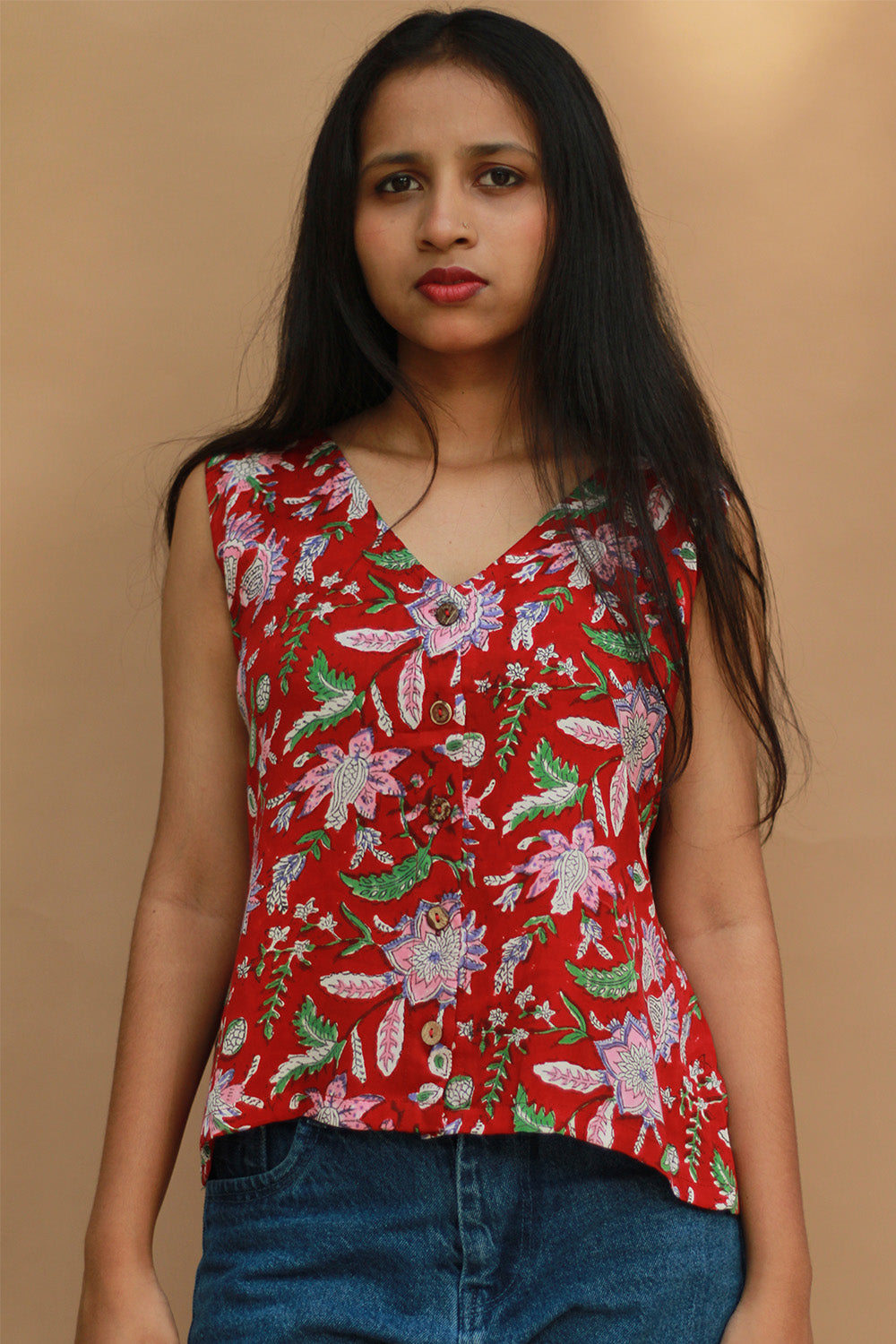 Front Buttoned Vest | Modal Silk | Red Sanganeri