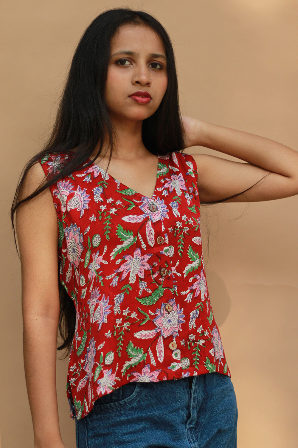 Front Buttoned Vest | Modal Silk | Red Sanganeri