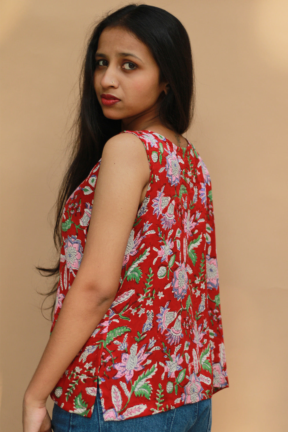 Front Buttoned Vest | Modal Silk | Red Sanganeri