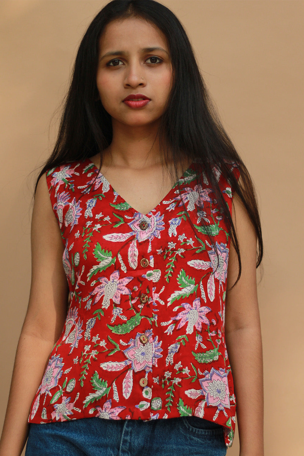 Front Buttoned Vest | Modal Silk | Red Sanganeri