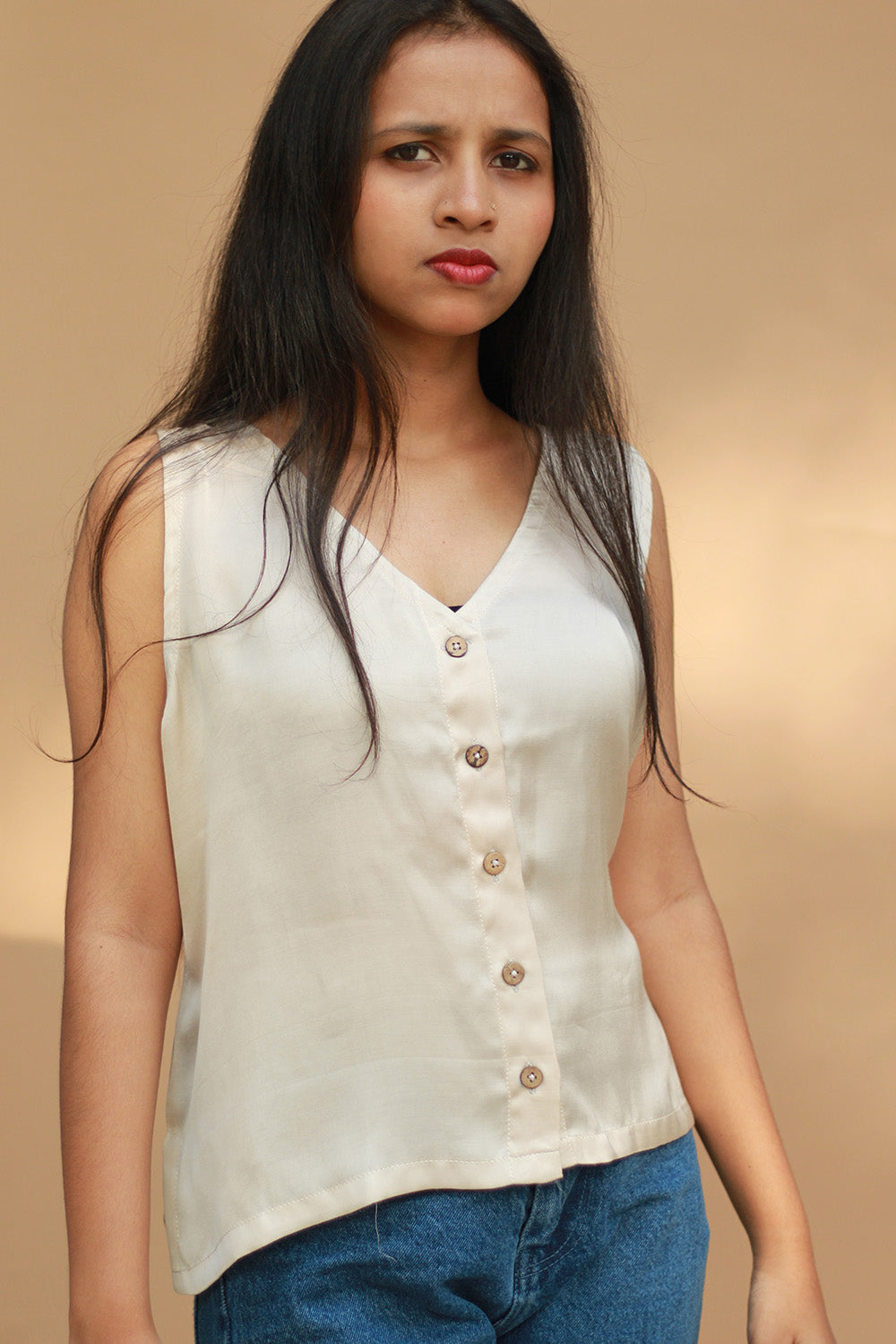Front Buttoned Vest | Modal Silk | Ivory