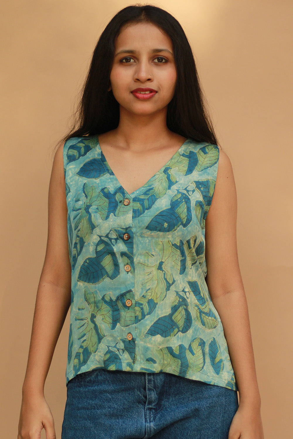 Front Buttoned Vest | Modal Silk | Cyan Leaves Vanaspati