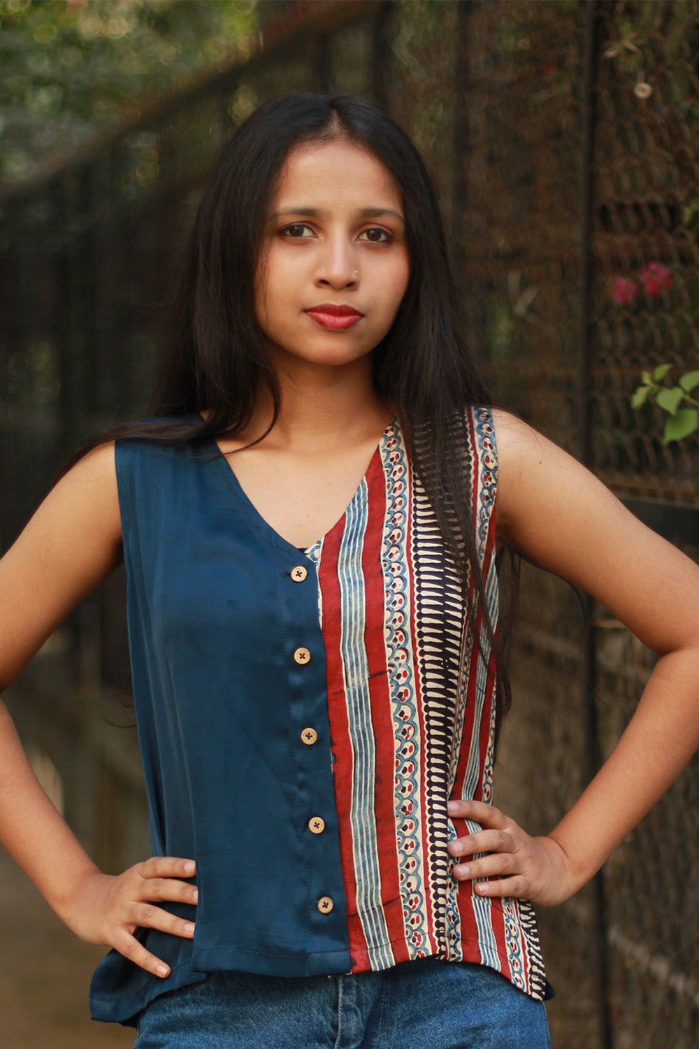 Front Buttoned Vest | Modal Silk | Blue with Ajrakh Stripes