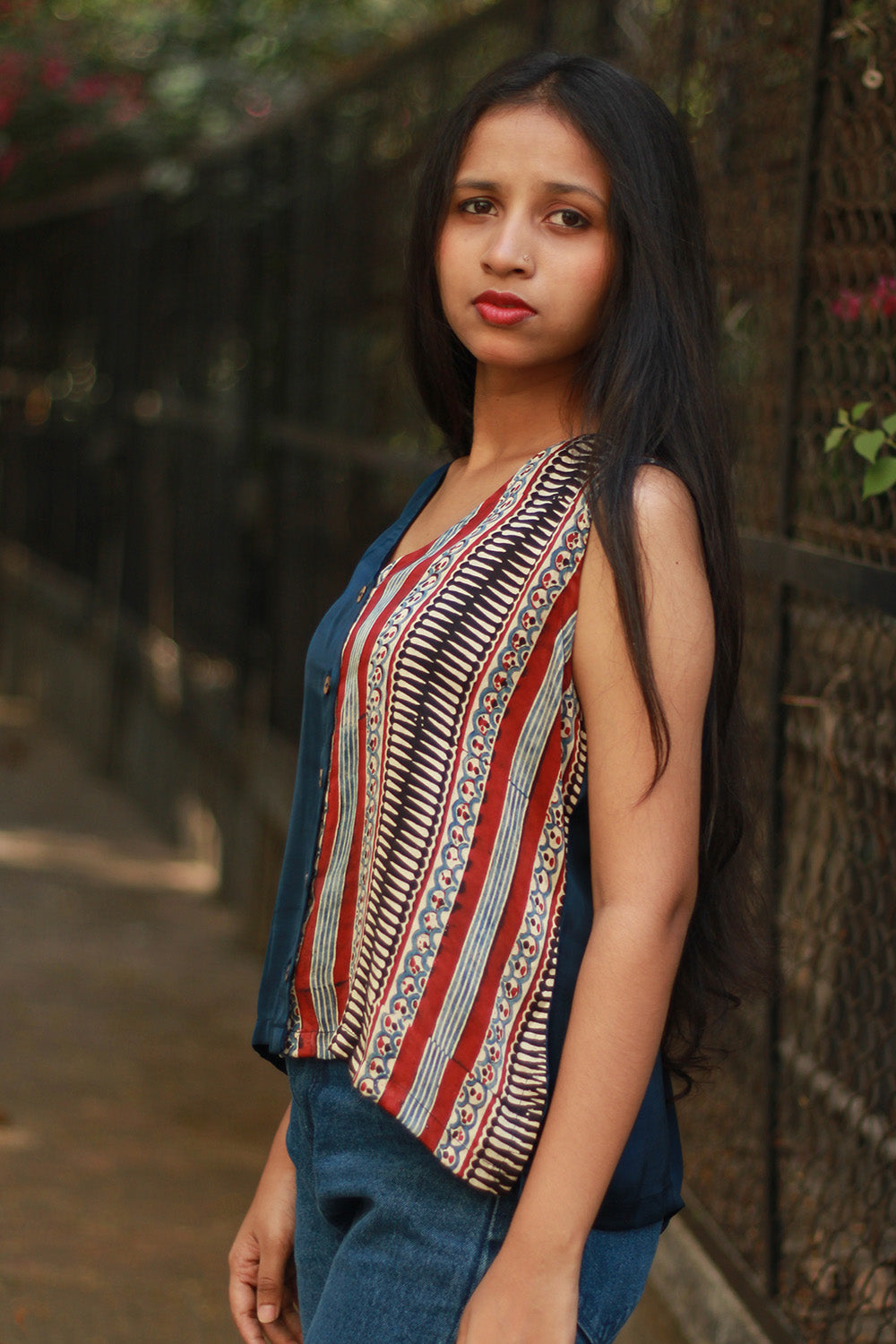 Front Buttoned Vest | Modal Silk | Blue with Ajrakh Stripes