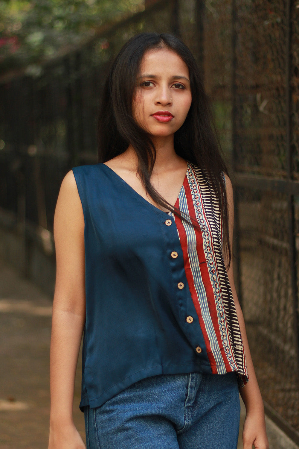 Front Buttoned Vest | Modal Silk | Blue with Ajrakh Stripes