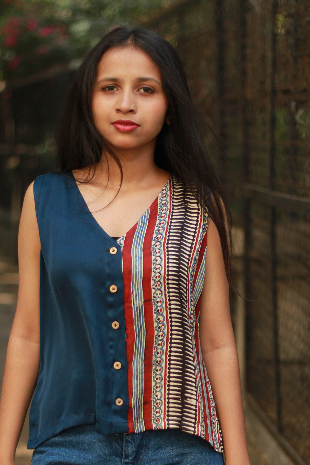 Front Buttoned Vest | Modal Silk | Blue with Ajrakh Stripes