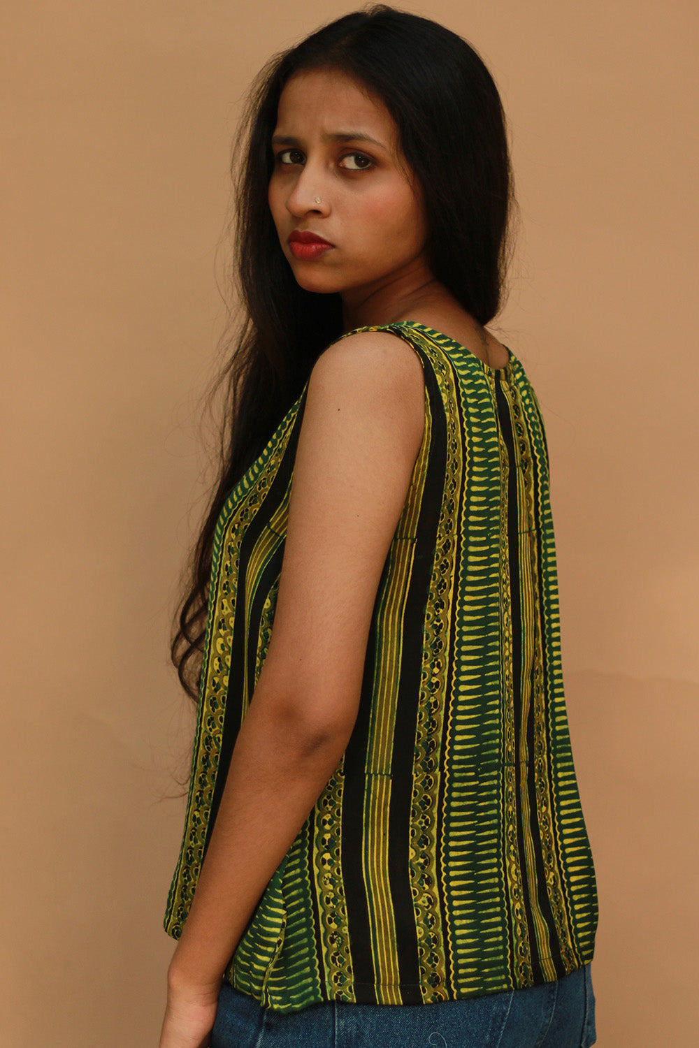 Front Buttoned Vest | Modal Silk | Lime Stripes Ajrakh