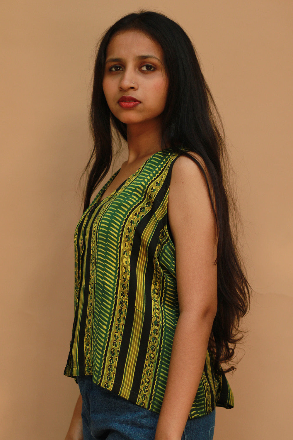 Front Buttoned Vest | Modal Silk | Lime Stripes Ajrakh