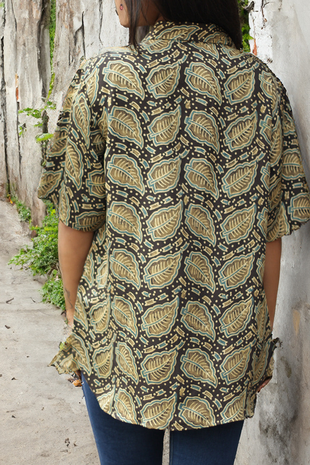 Tara | Ajrakh Modal Shirt | Noir with Green Leaves