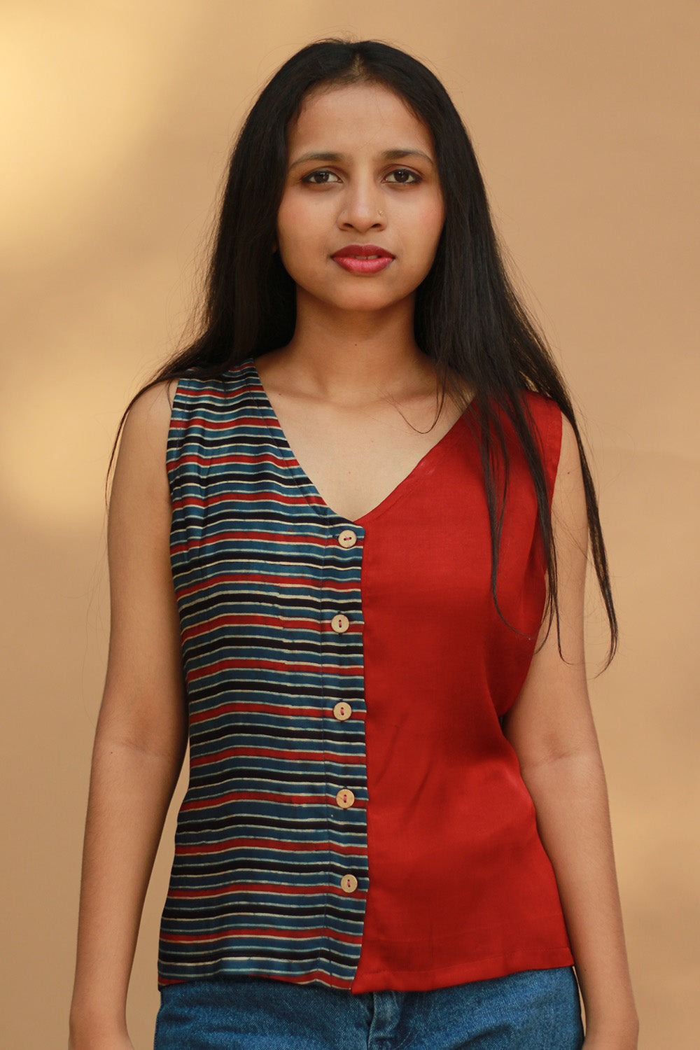 Front Buttoned Vest | Modal Silk | Rouge with Ajrakh Stripes